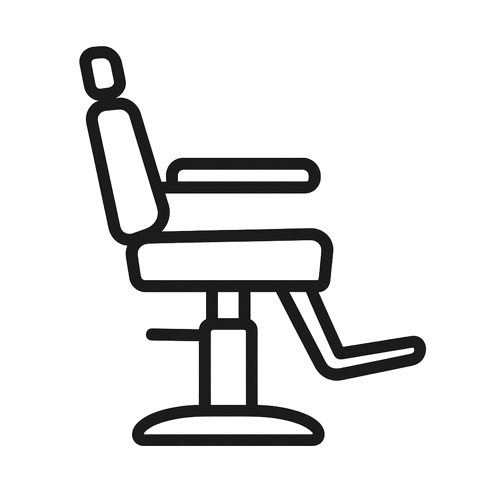 An icon showing a side profile of a barber chair outlined in black.